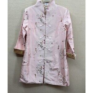 Tangyi Oriental Asian Floral Embroidered Button Front Mini Dress Women Size L